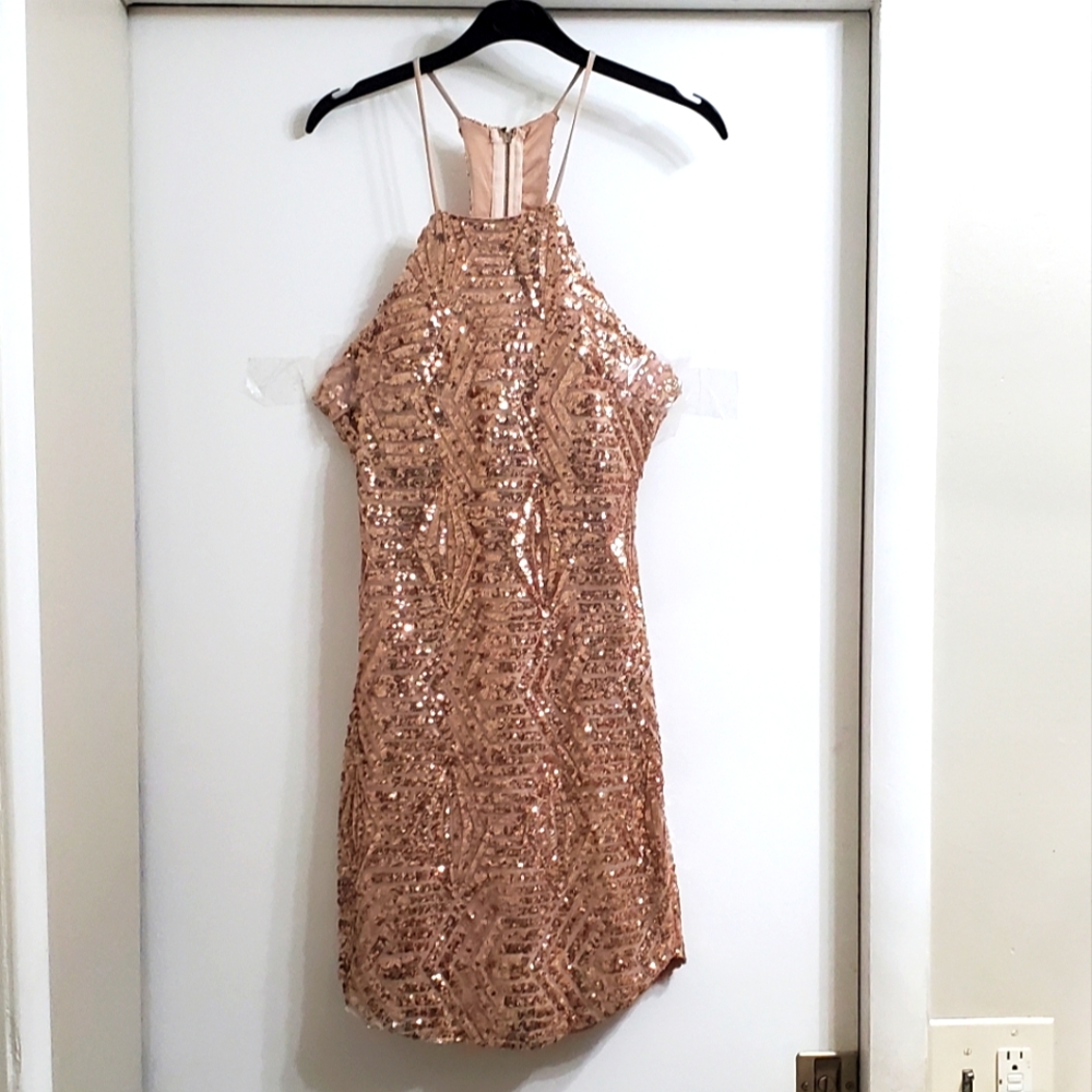 Golden Champagne Sequined Glitter Cutout Evening Mini Dress 👗